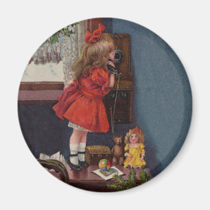Christmas Little Girl Telephone Antique Magnet