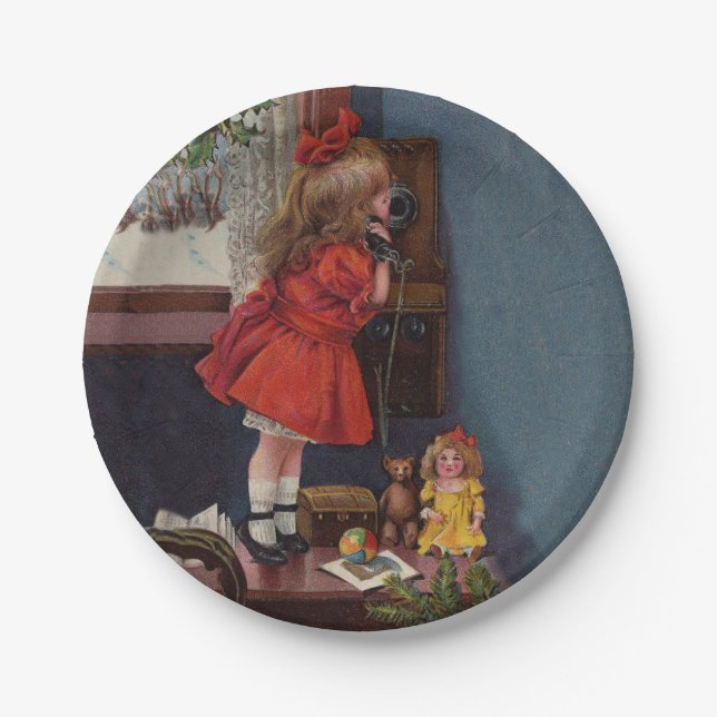 Christmas Little Girl Telephone Antique Paper Plate (Front)