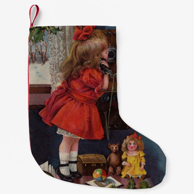 Christmas Little Girl Telephone Antique Small Christmas Stocking (Front)