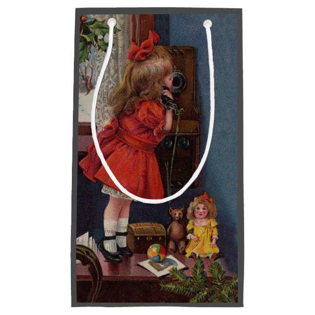 Christmas Little Girl Telephone Antique Small Gift Bag (Front)