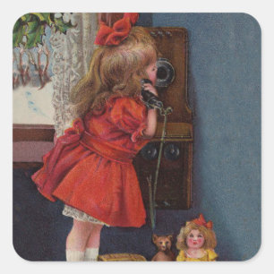 Christmas Little Girl Telephone Antique Square Sticker