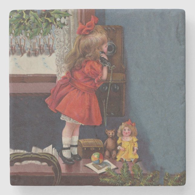 Christmas Little Girl Telephone Antique Stone Coaster (Front)