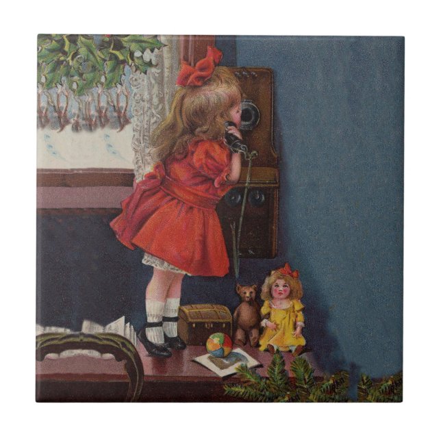 Christmas Little Girl Telephone Antique Tile (Front)