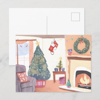 Christmas Living Room | Watercolor Holiday Postcard