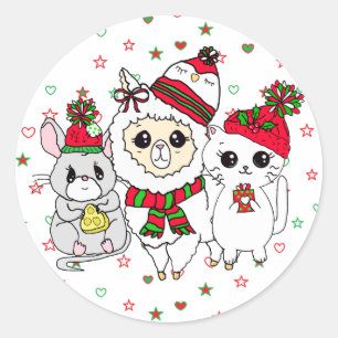 Christmas Llama, Kitten and Mouse Holiday Classic Round Sticker