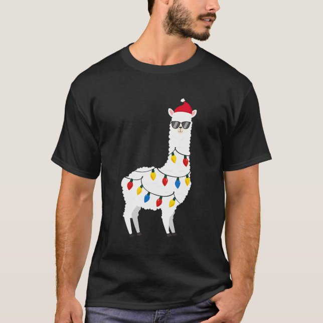 Christmas Llama Santa Hat Sunglasses Alpaca Funny  T-Shirt (Front)
