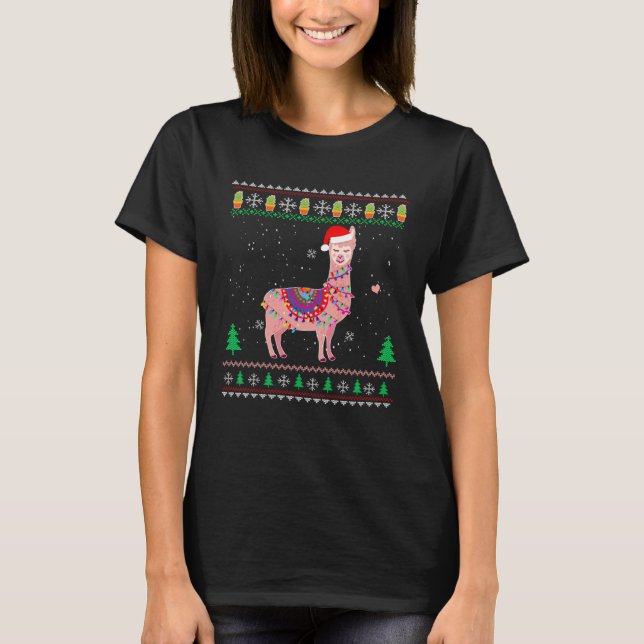 Christmas Llama Santa Hat Ugly Xmas Tree Alpaca T-Shirt (Front)