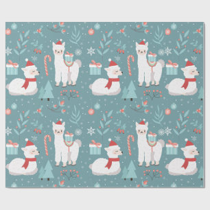 Christmas Llama Teal Winter Seamless Pattern Wrapping Paper