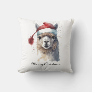 Christmas Llama Watercolor Santa Hat Custom Text Cushion