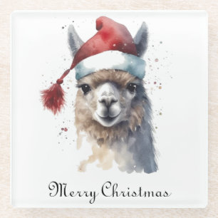 Christmas Llama Watercolor Santa Hat Custom Text Glass Coaster