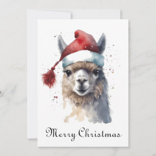 Christmas Llama Watercolor Santa Hat Custom Text Holiday Card