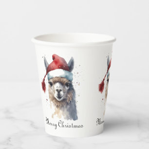 Christmas Llama Watercolor Santa Hat Custom Text Paper Cups