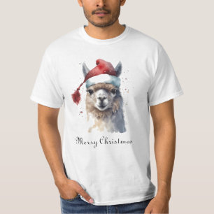 Christmas Llama Watercolor Santa Hat Custom Text T-Shirt