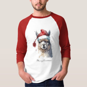 Christmas Llama Watercolor Santa Hat Custom Text T-Shirt