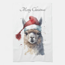 Christmas Llama Watercolor Santa Hat Custom Text