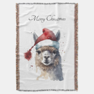 Christmas Llama Watercolor Santa Hat Custom Text Throw Blanket