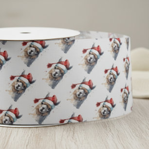 Christmas Llama Watercolor Santa Hat Repeating Pat Satin Ribbon