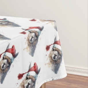 Christmas Llama Watercolor Santa Hat Repeating Pat Tablecloth