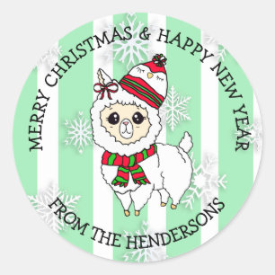 Christmas Llama with Winter Hat Holiday Classic Round Sticker