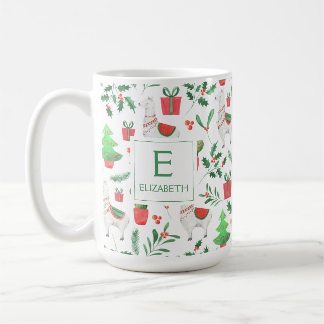 Christmas Llamas, Cactus, Berries, Trees Monogram Coffee Mug (Left)