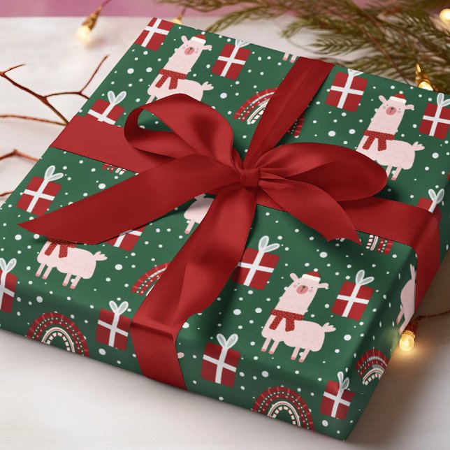 Christmas Llamas Rainbows Festive Red Green Wrapping Paper (Creator Uploaded)