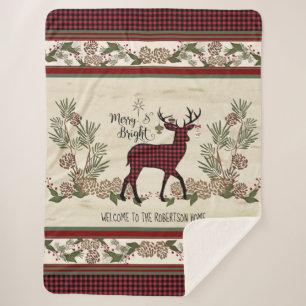 Christmas Lodge Merry Bright Deer Buffalo Plaid Sherpa Blanket