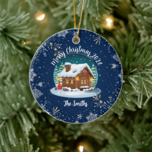 Christmas Log Cabin in the Snow Ceramic Ornament