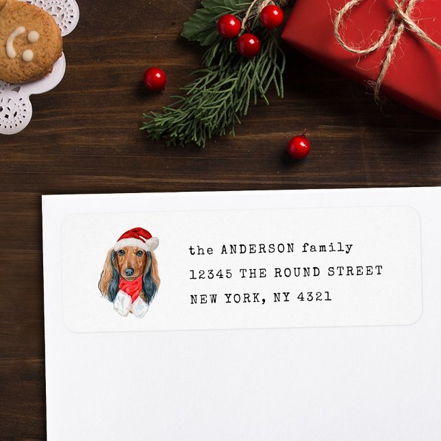 Christmas Long Haired Dachshund Dog Return Address Label (Creator Uploaded)