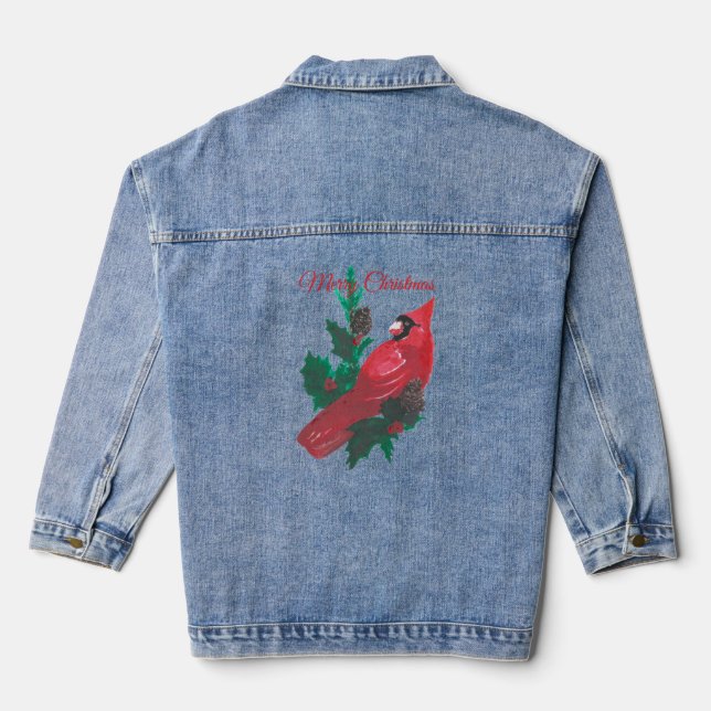 Christmas Long Sleeve Red Cardinal Holly Denim  Jacket (Back)