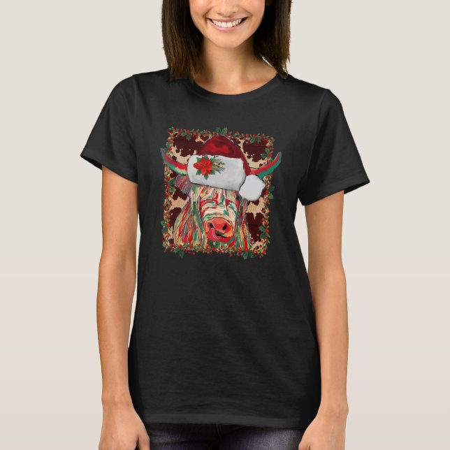 Christmas Longhorn Cow Cute  Christmas Western T-Shirt (Front)