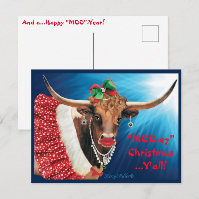 Christmas Longhorn Cow Postcard (Front/Back)