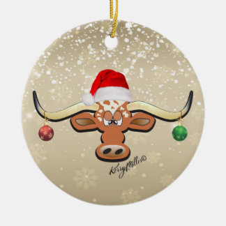 Christmas Longhorn Steer Ceramic Ornament