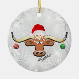 Christmas Longhorn Steer Ceramic Ornament