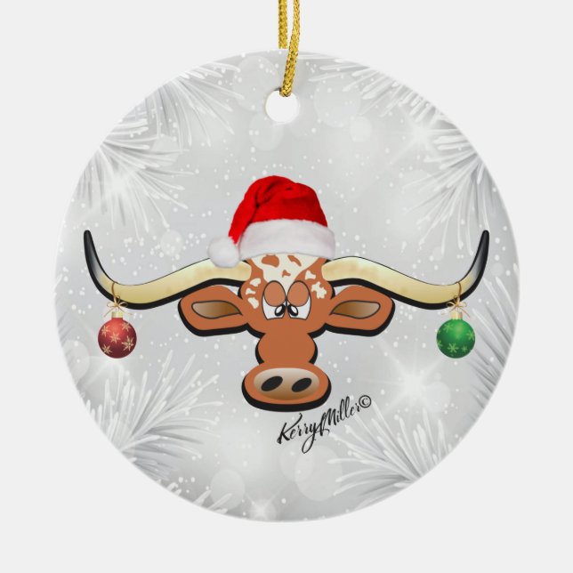 Christmas Longhorn Steer Ceramic Ornament (Front)