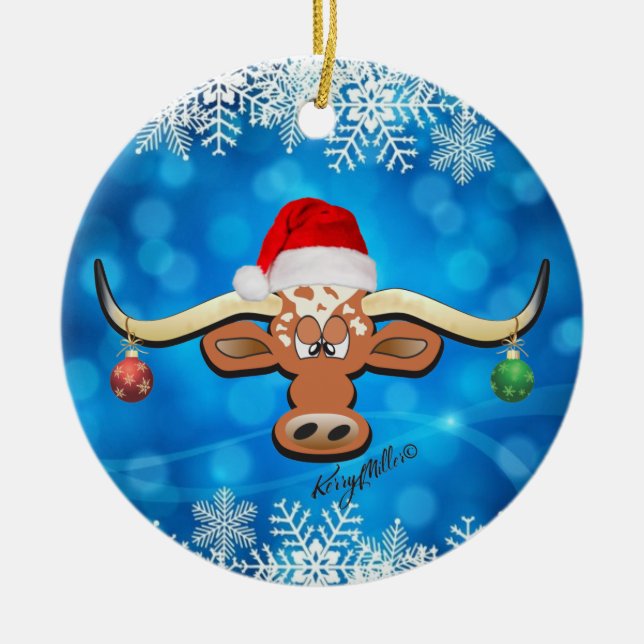 Christmas Longhorn Steer Ceramic Ornament (Front)
