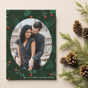 Christmas Love Couple Photo Green Mistletoe Leaf Holiday Card