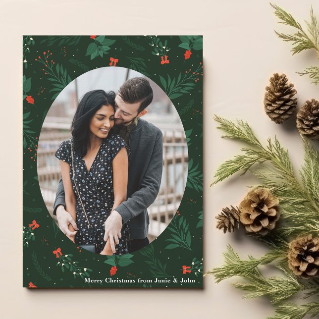 Christmas Love Couple Photo Green Mistletoe Leaf Holiday Card (Creator Uploaded)
