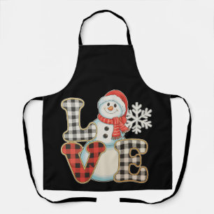 Christmas Love Cute Snowman Buffalo Plaid Winter Apron