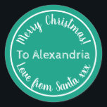 Christmas Love From Santa Bright Green Classic Round Sticker<br><div class="desc">This is a personalised love from Santa, Christmas design. It has a cute typography design in trending green with white stylish script typography. It has the message “To Alexandria Merry Christmas! Love from Santa xxx”. To personalise, simply add your loved one's name by using the personalise this text box. Here...</div>