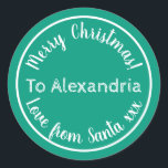 Christmas Love From Santa Bright Green Classic Round Sticker<br><div class="desc">This is a personalised love from Santa, Christmas design. It has a cute typography design in trending green with white stylish script typography. It has the message “To Alexandria Merry Christmas! Love from Santa xxx”. To personalise, simply add your loved one's name by using the personalise this text box. Here...</div>