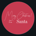 Christmas Love From Santa Modern Red Classic Round Sticker<br><div class="desc">This is a modern, Merry Christmas, Love from Santa, design. It is in festive red and white and has the message, "Merry Christmas! Love From Santa". Ideal for Santa's Christmas gift wrap, mailing accessories, envelope seals, and party favour seals this festive season. Keep it as it is, or customise with...</div>
