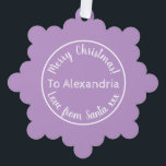 Christmas Love From Santa Purple Lilac Tree Decoration Card<br><div class="desc">This is a personalised love from Santa, Christmas design. It has a cute typography design in trending purple / lilac with white stylish script typography. It has the message “To Alexandria Merry Christmas! Love from Santa xxx”. To personalise, simply add your loved one's name by using the personalise this text...</div>