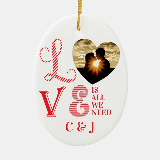 Christmas Love Heart Red Family Custom Photo Ceramic Ornament (Front)