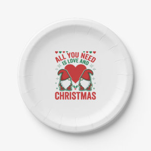 Christmas Love Heart Santa Gnome Design Paper Plate