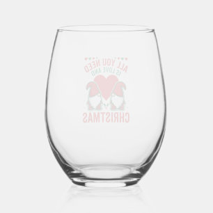 Christmas Love Heart Santa Gnome Design Stemless Wine Glass