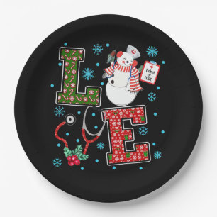 Christmas Love Nurse Cute Medical Snowman Holly Paper Plate