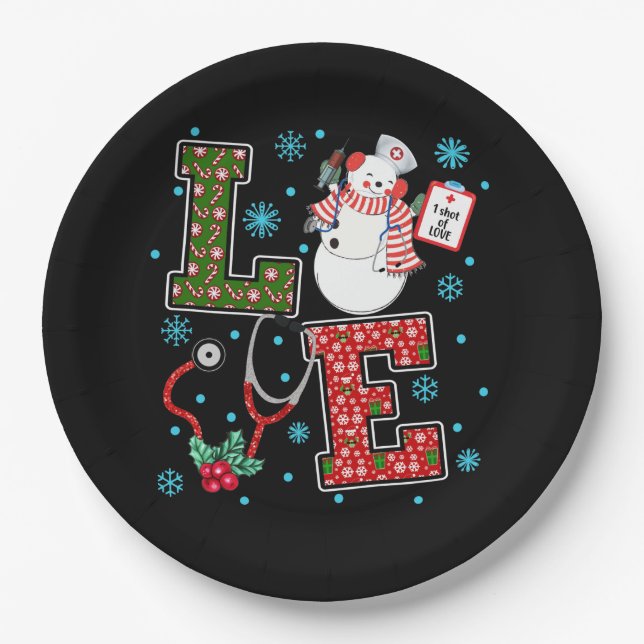 Christmas Love Nurse Cute Medical Snowman Holly Paper Plate (Front)