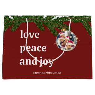 Christmas Love Peace Joy Family Photo Burgundy Red Large Gift Bag