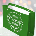 Christmas Love Santa Custom Name Green Large Gift Bag<br><div class="desc">Create your own 'Love,  Santa' gift bag with this fun and festive design. A stylish template,  personalised with the recipient's name and featuring an illustrated  border with snowflakes,  holly,  Christmas stockings and stars. An unique way of presenting a gift to someone special! Colours: green and white.</div>