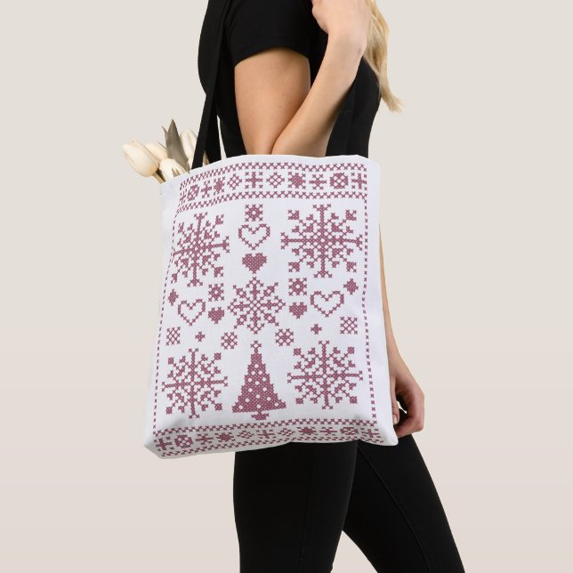 Christmas Lover Cross Pattern Sampler Design Tote Bag (Close Up)